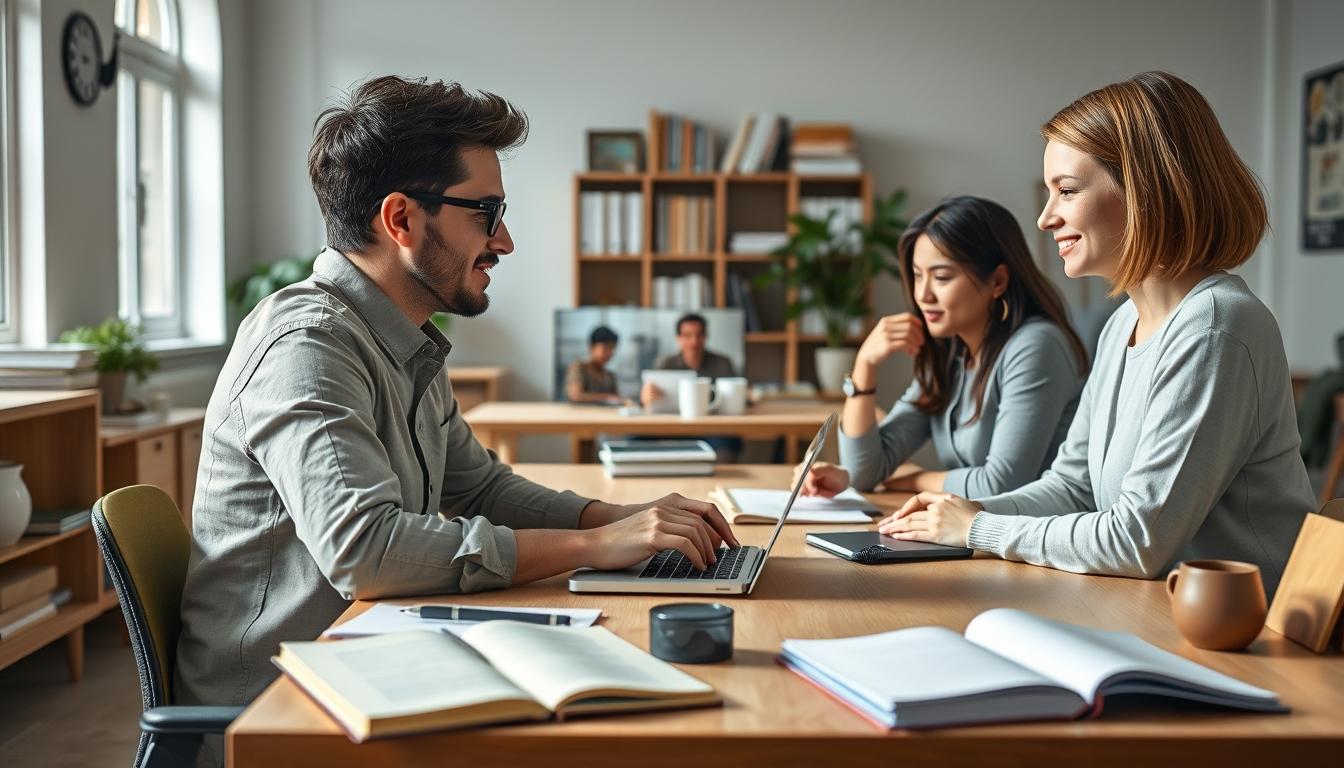 Students studying together in modern classroom